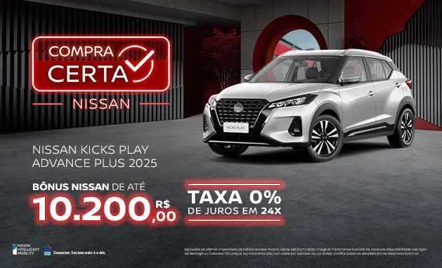 Advance Plus CVT 2025 - Nissan Kicks Play 2025 – Estilo que acompanha o seu ritmo
Advance Plus CVT 2025 - Nissan Kicks Play 2025 – Estilo que acompanha o seu ritmo