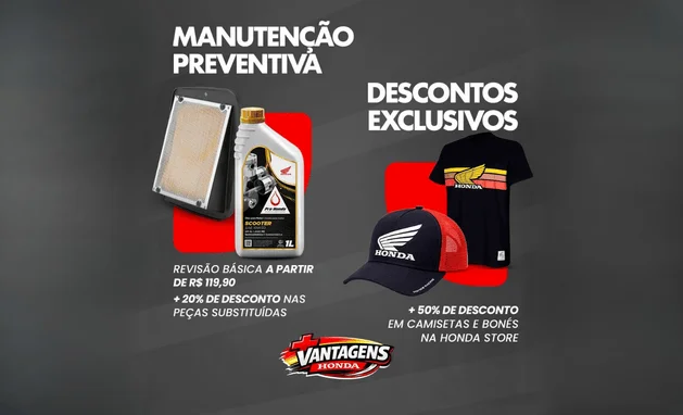 Revisão Básica a partir de R$ 119,90 + 20% off nas peças substituídas na concessionária + 50% de Desconto em Camisetas e Bonés Honda.