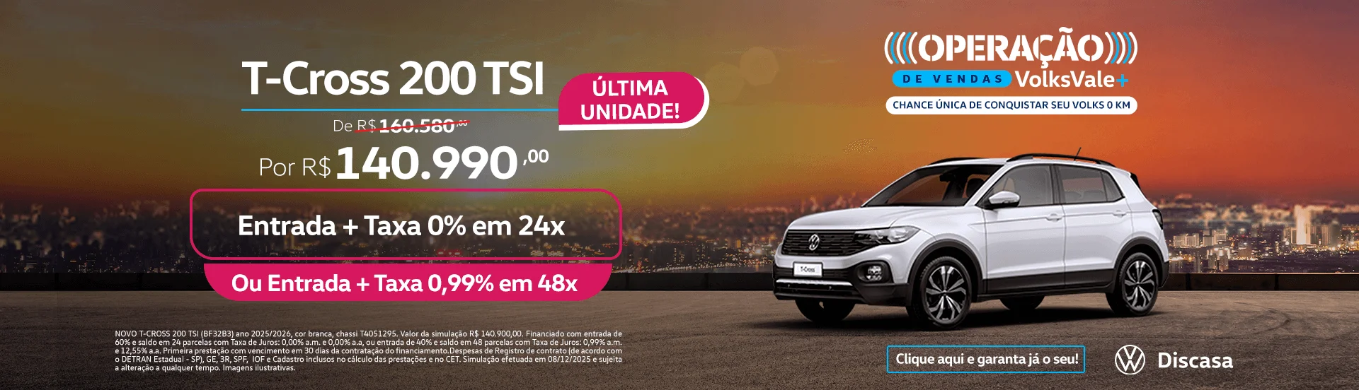 Aproveite e garanta o seu T-Cross com um mega desconto! Corra e garanta a última unidade aqui na Discasa