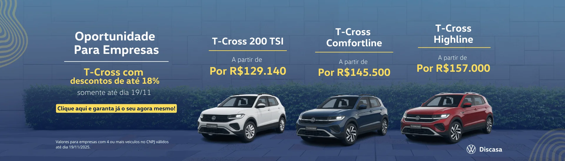 A oportunidade de adquirir um T-Cross para o seu negócio chegou! Aproveite veículos com até 18% de Desconto aqui na Discasa.